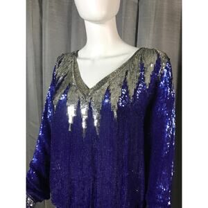 Vintage Judith Lieber Creations Blue and Silver Sequined Blouse Sz M